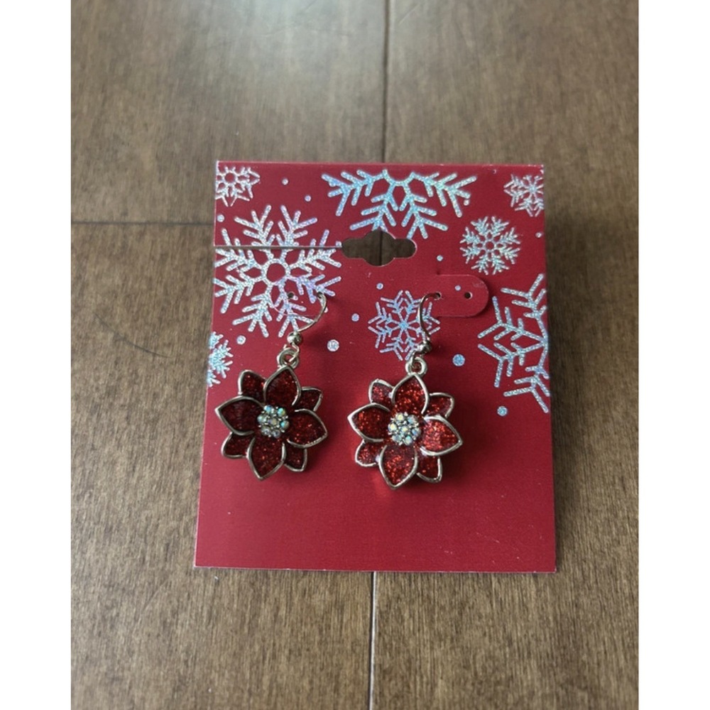 Christmas Holiday Earrings Poinsettia Dangle Earrings